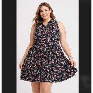 Torrid 2X Black Floral Challis Shirt Dress Button Front Pleated Retro Collar NWT